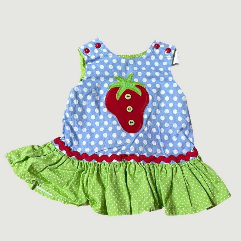 The Bailey Boys Strawberry Dress Girls Blue Green Polka Dot Ric Rac SIZE 12M
